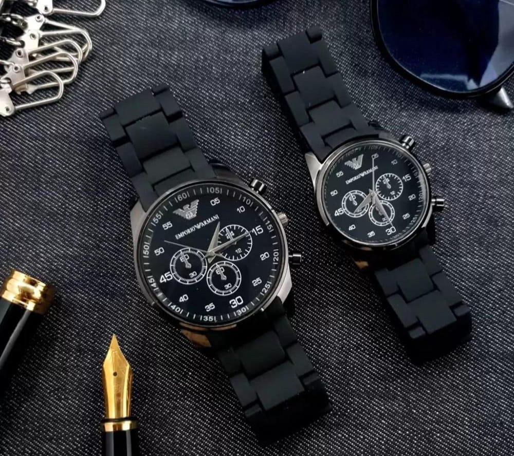 Classic Black Emporio Armani Chronograph Watches - His & Hers/Couple Set