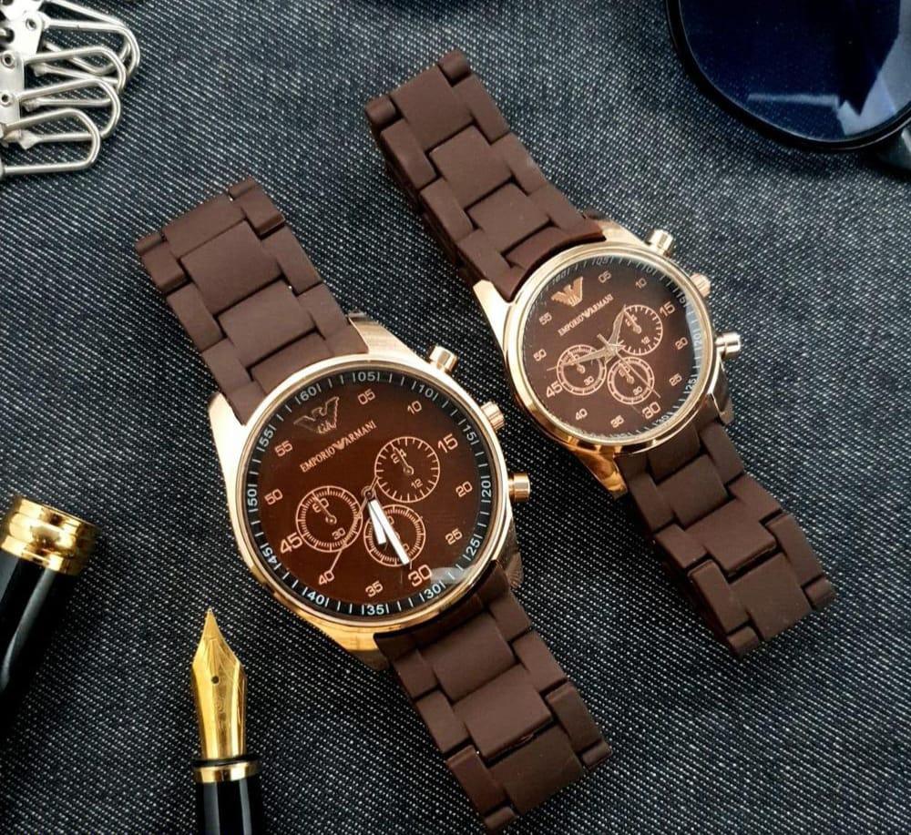 Classic Black Emporio Armani Chronograph Watches - His & Hers/Couple Set