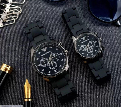 Classic Black Emporio Armani Chronograph Watches - His & Hers/Couple Set