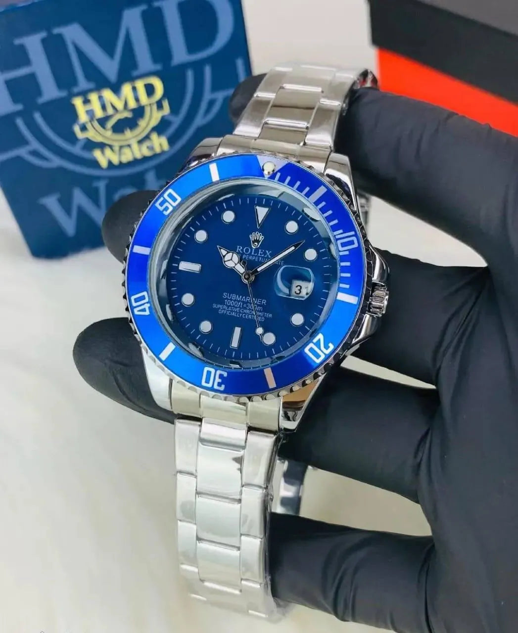 Men's Silver Stainless Steel Submariner-Style Watch with Blue Dial and Bezel