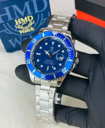 Men's Silver Stainless Steel Submariner-Style Watch with Blue Dial and Bezel