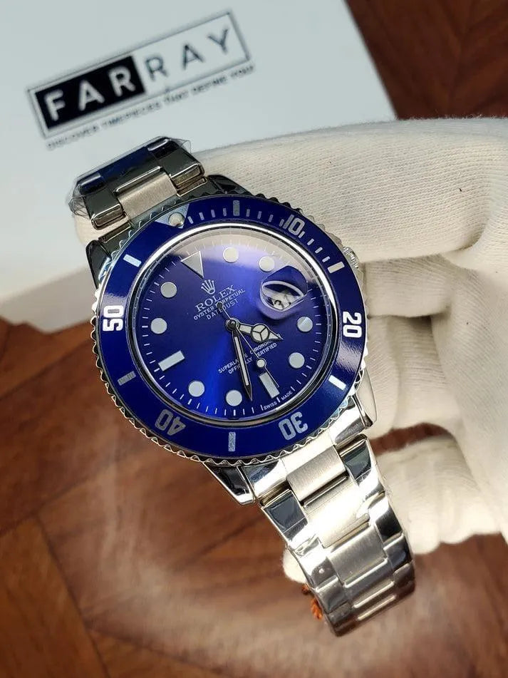 Men's Silver Stainless Steel Submariner-Style Watch with Blue Dial and Bezel
