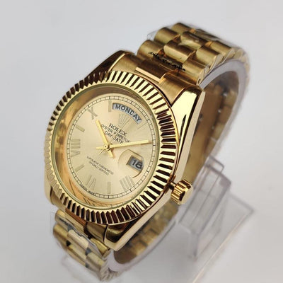 Rolex Luxury Gold-Tone Fluted Bezel Day-Date Watch - Roman Dial
