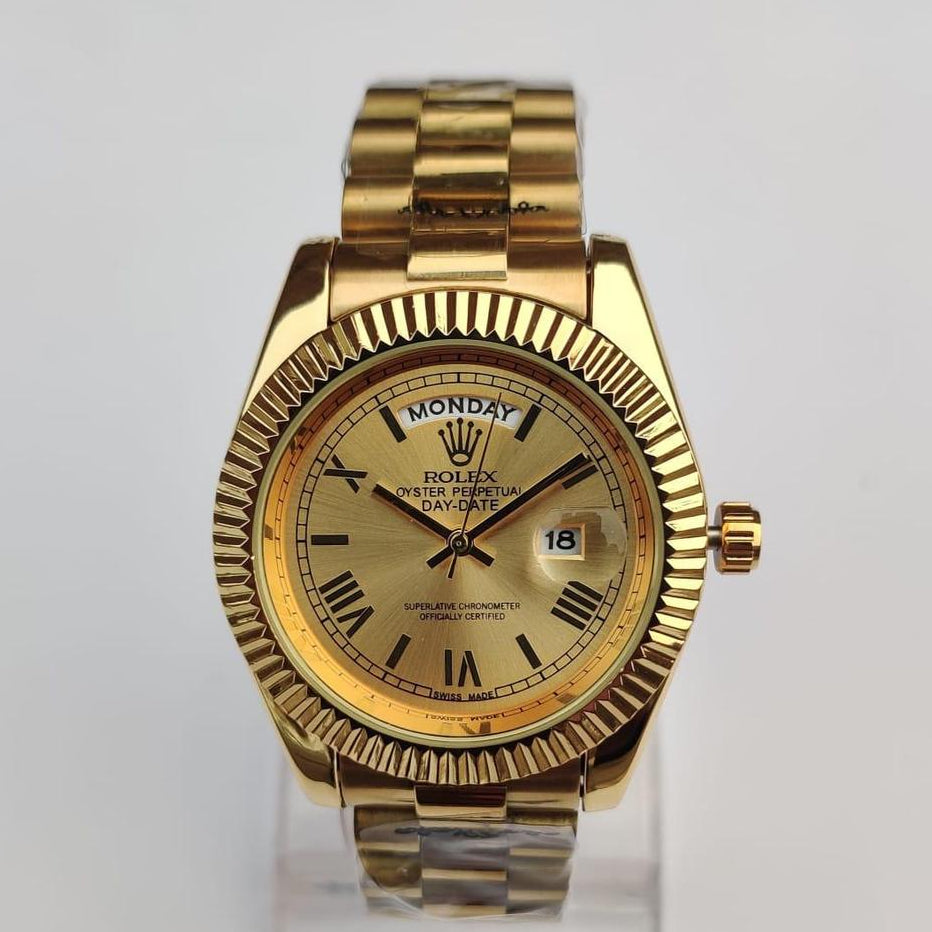 Rolex Luxury Gold-Tone Fluted Bezel Day-Date Watch - Roman Dial