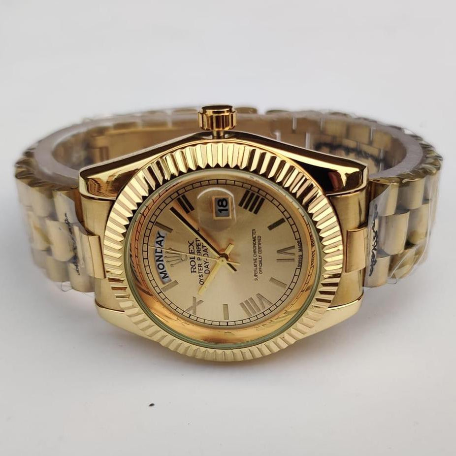 Rolex Luxury Gold-Tone Fluted Bezel Day-Date Watch - Roman Dial