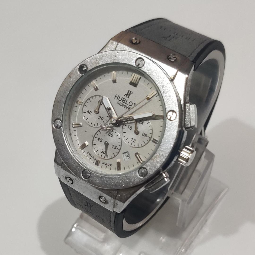 Hublot Geneve Style Chronograph Watch - Silver Case, Grey Strap