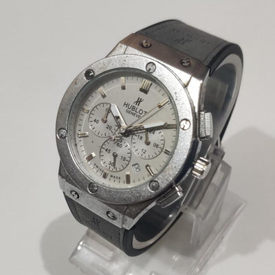 Hublot Geneve Style Chronograph Watch - Silver Case, Grey Strap