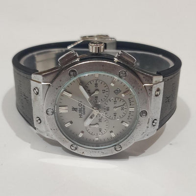 Hublot Geneve Style Chronograph Watch - Silver Case, Grey Strap