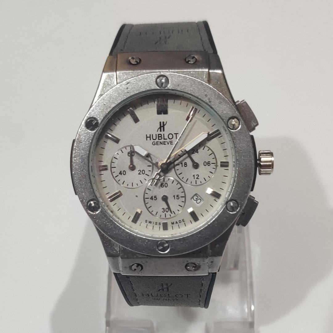 Hublot Geneve Style Chronograph Watch - Silver Case, Grey Strap