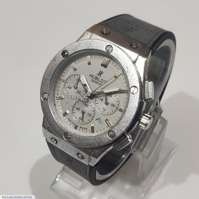 Hublot Geneve Style Chronograph Watch - Silver Case, Grey Strap