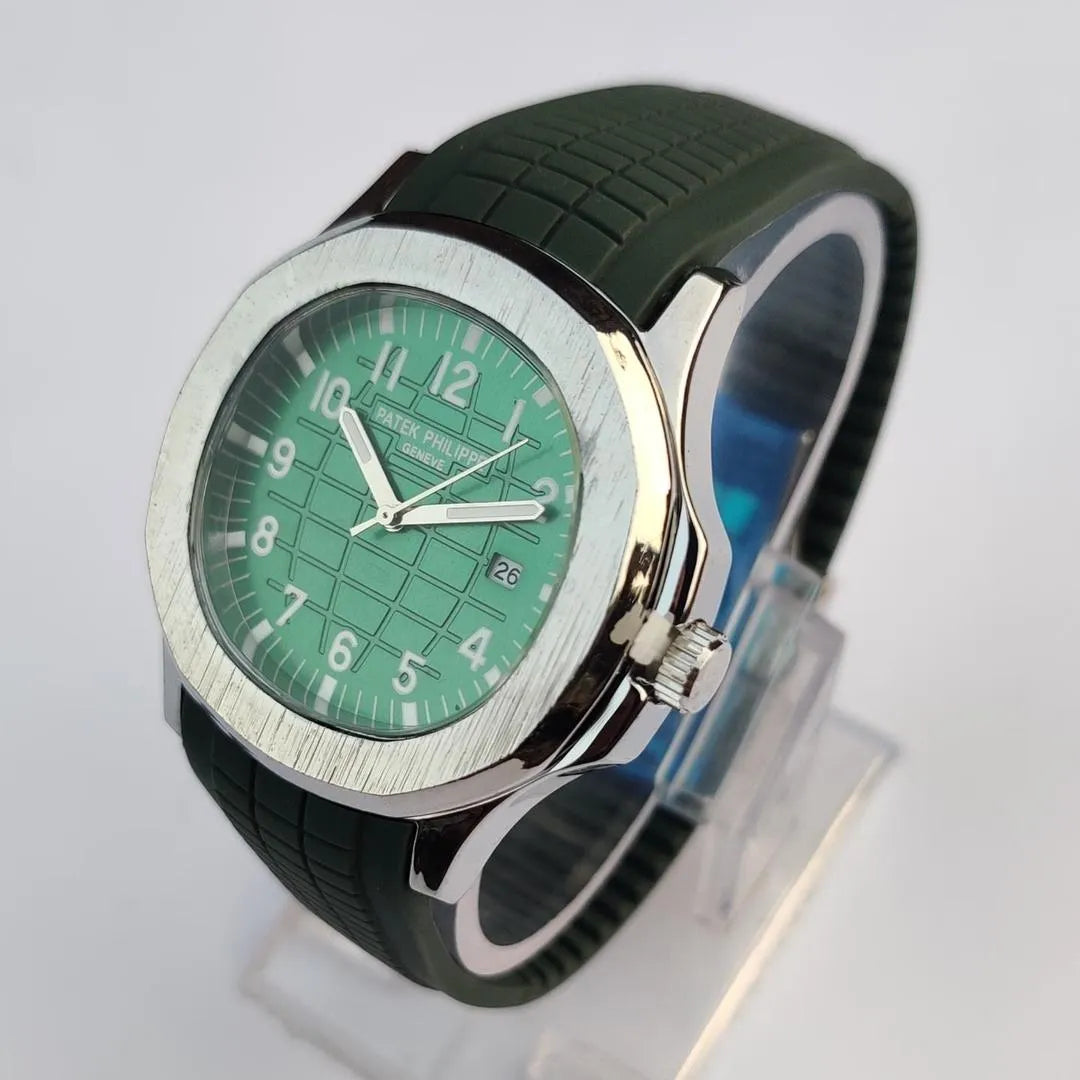 Patek Philippe Style Aquanaut Watch, Green Dial, Silver Bezel, Dark Green Rubber Strap