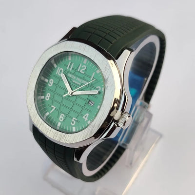 Patek Philippe Style Aquanaut Watch, Green Dial, Silver Bezel, Dark Green Rubber Strap