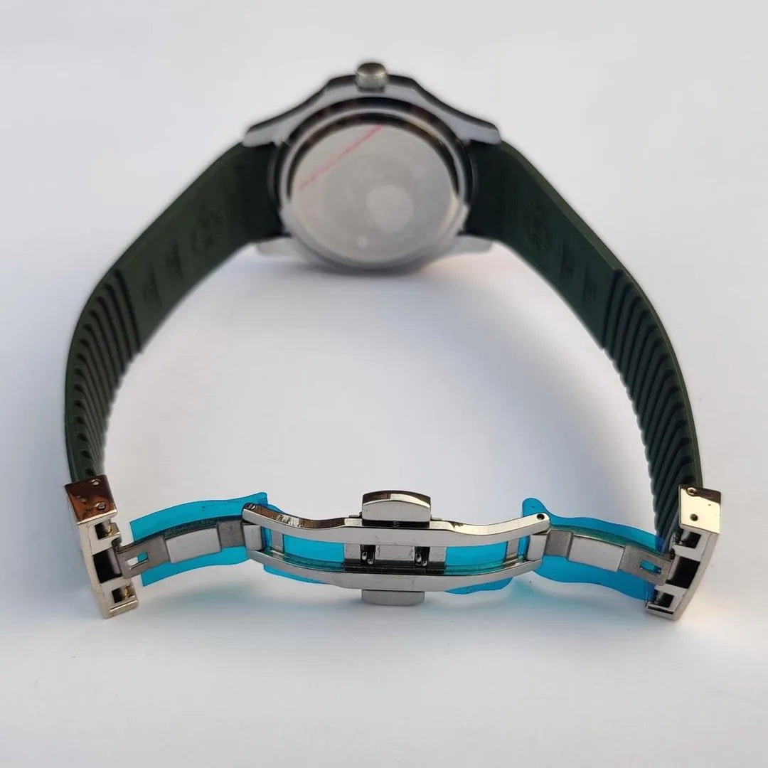 Patek Philippe Style Aquanaut Watch, Green Dial, Silver Bezel, Dark Green Rubber Strap