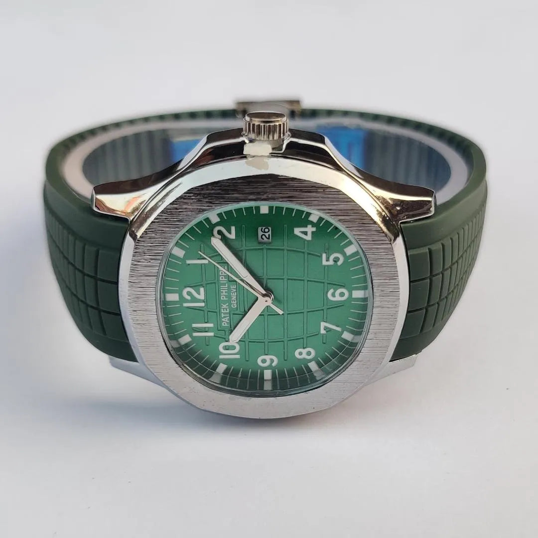 Patek Philippe Style Aquanaut Watch, Green Dial, Silver Bezel, Dark Green Rubber Strap