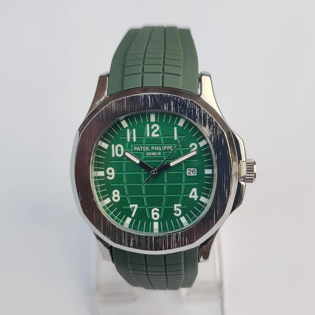 Patek Philippe Style Aquanaut Watch, Green Dial, Silver Bezel, Dark Green Rubber Strap