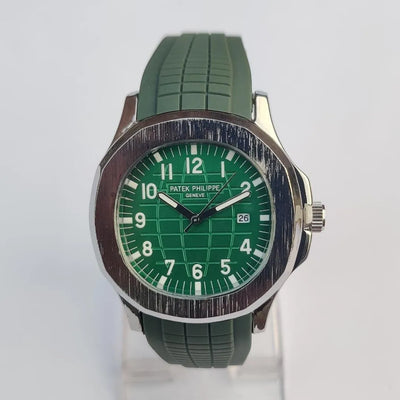 Patek Philippe Style Aquanaut Watch, Green Dial, Silver Bezel, Dark Green Rubber Strap