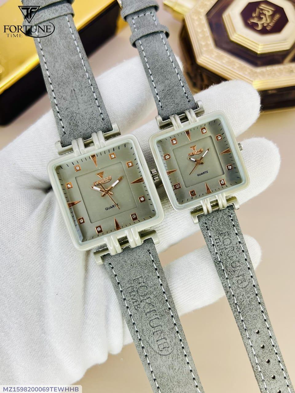 Elegant Square Dial Quartz Watch Pair - Grey Suede Strap