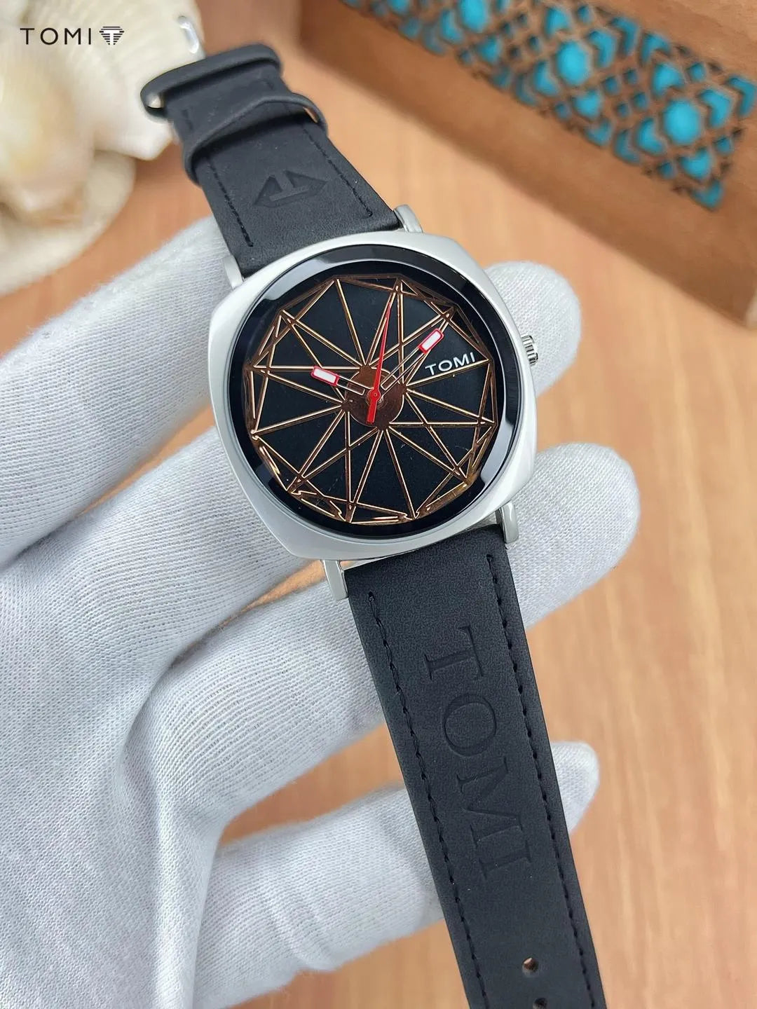 Unique TOMI Quartz Watch with Abstract Spiderweb Dial