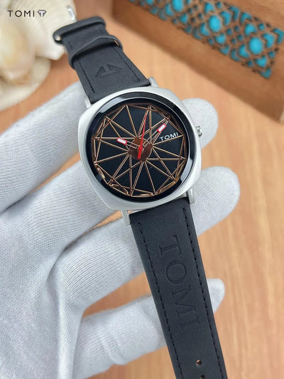 Unique TOMI Quartz Watch with Abstract Spiderweb Dial
