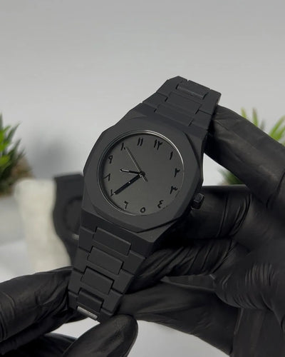 Stealth Black Geometric Dial Watch with Arabic Numerals