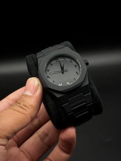 Stealth Black Geometric Dial Watch with Arabic Numerals
