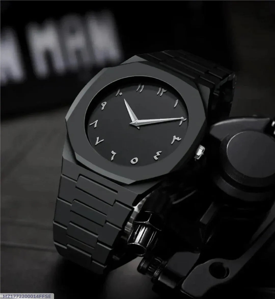 Stealth Black Geometric Dial Watch with Arabic Numerals
