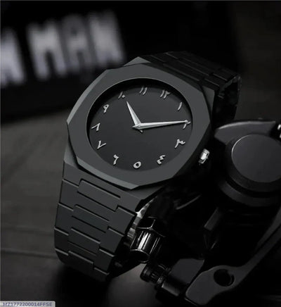 Stealth Black Geometric Dial Watch with Arabic Numerals
