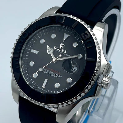 Rolex Yacht-Master Style Homage Watch - Black Dial, Ceramic Bezel, Rubber Strap