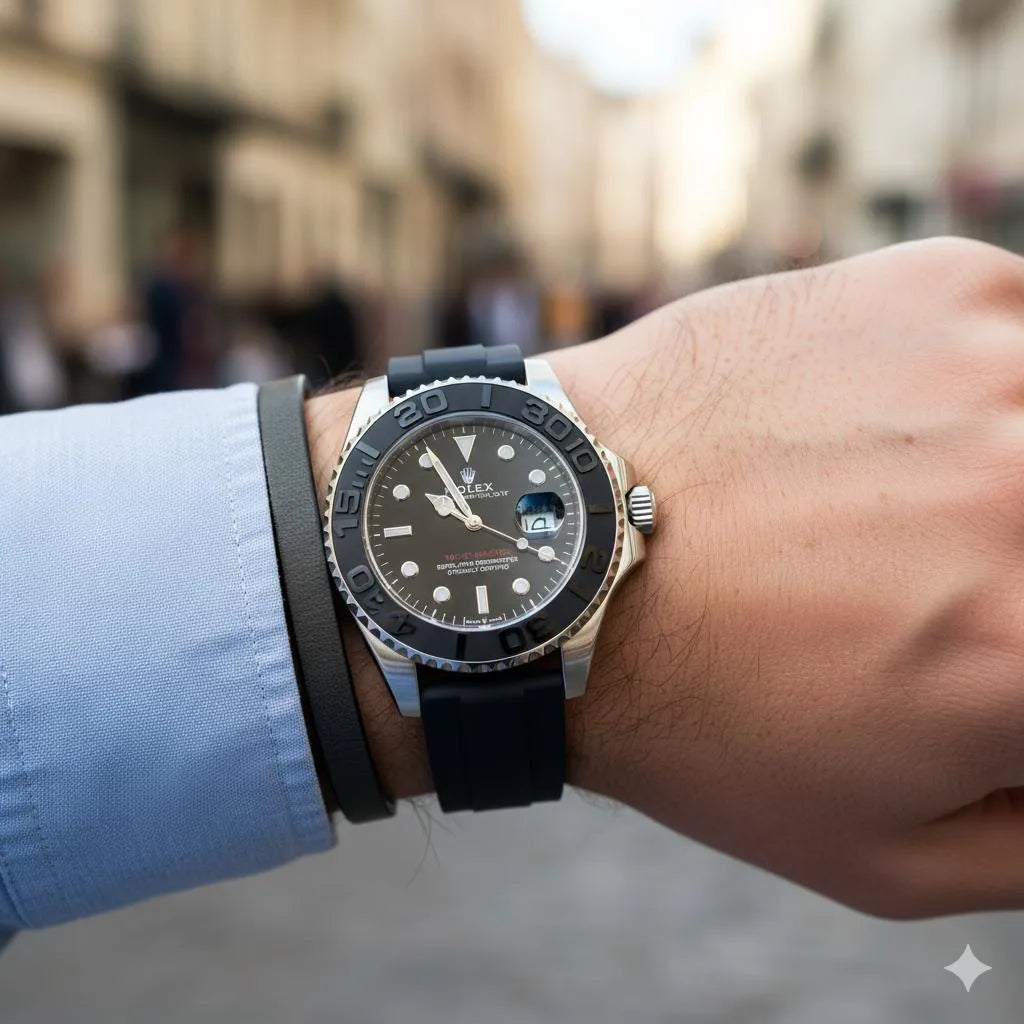 Rolex Yacht-Master Style Homage Watch - Black Dial, Ceramic Bezel, Rubber Strap