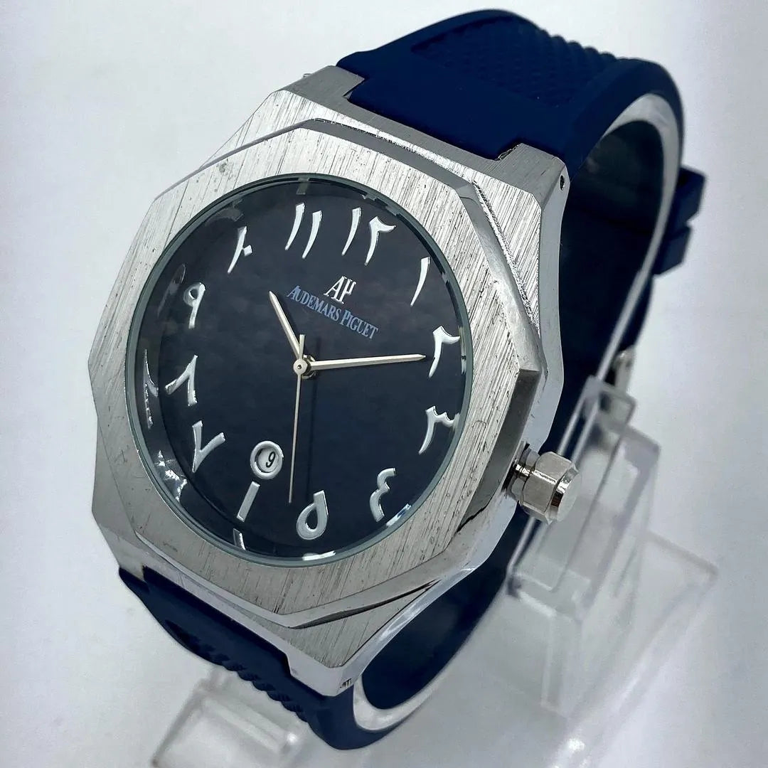 Audemars Piguet Style Arabic Dial Octagonal Men's Watch with Blue Rubber Strap