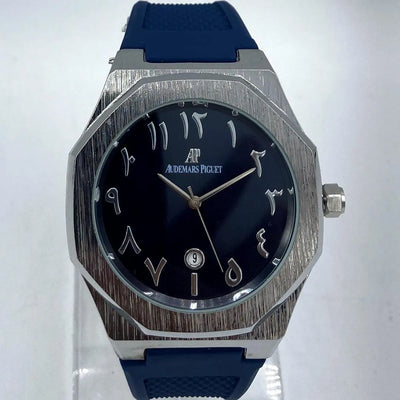 Audemars Piguet Style Arabic Dial Octagonal Men's Watch with Blue Rubber Strap