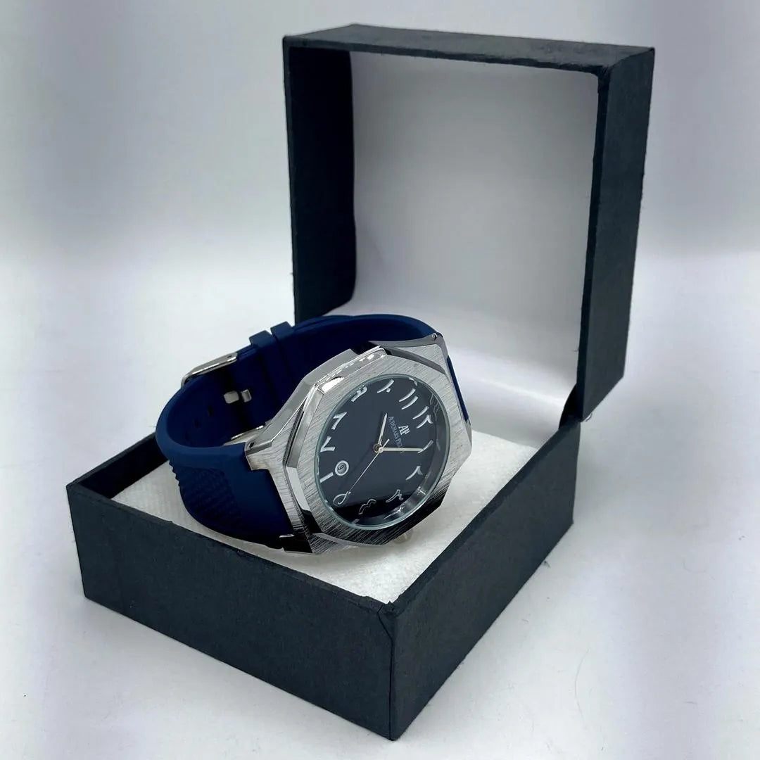 Audemars Piguet Style Arabic Dial Octagonal Men's Watch with Blue Rubber Strap