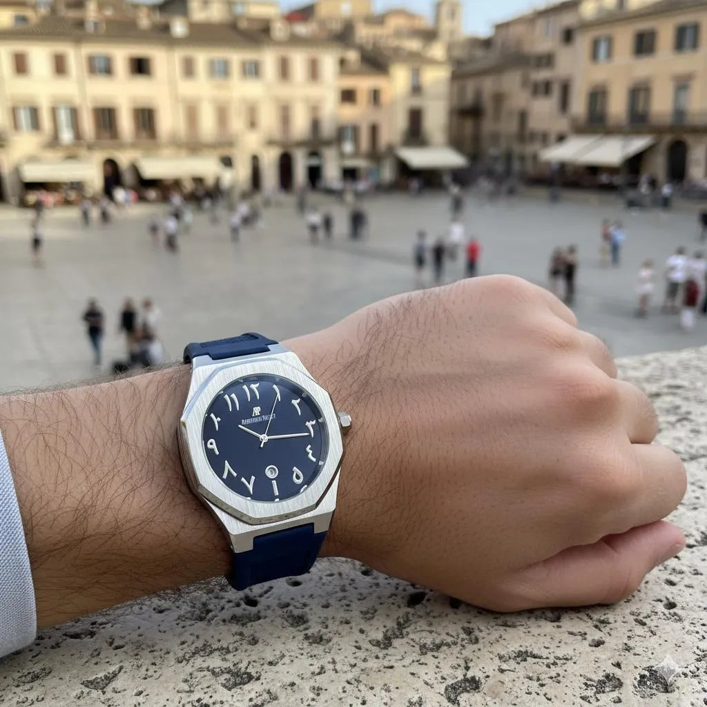 Audemars Piguet Style Arabic Dial Octagonal Men's Watch with Blue Rubber Strap