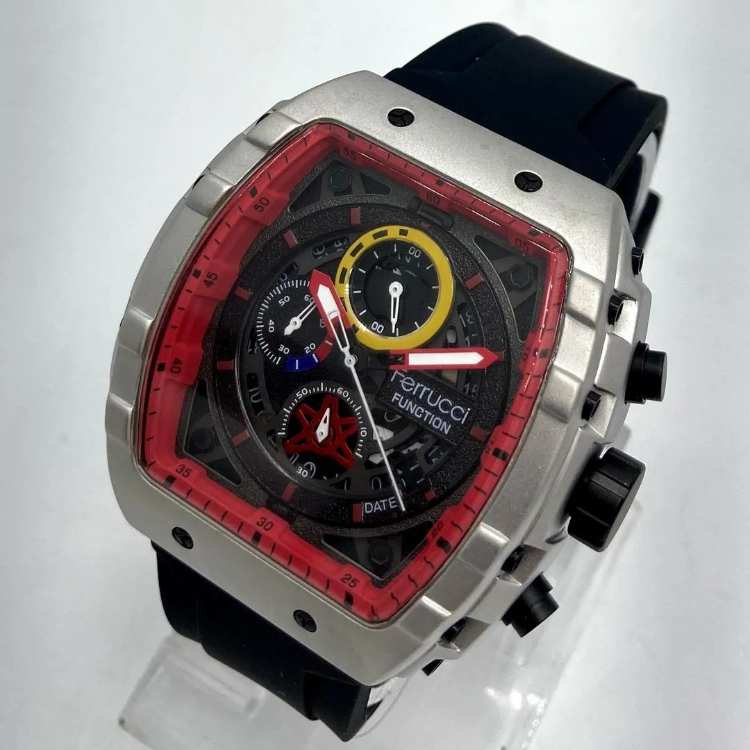 Ferrucci Function Chronograph Men's Watch - Bold Red & Yellow Bezel - Black Silicone Strap