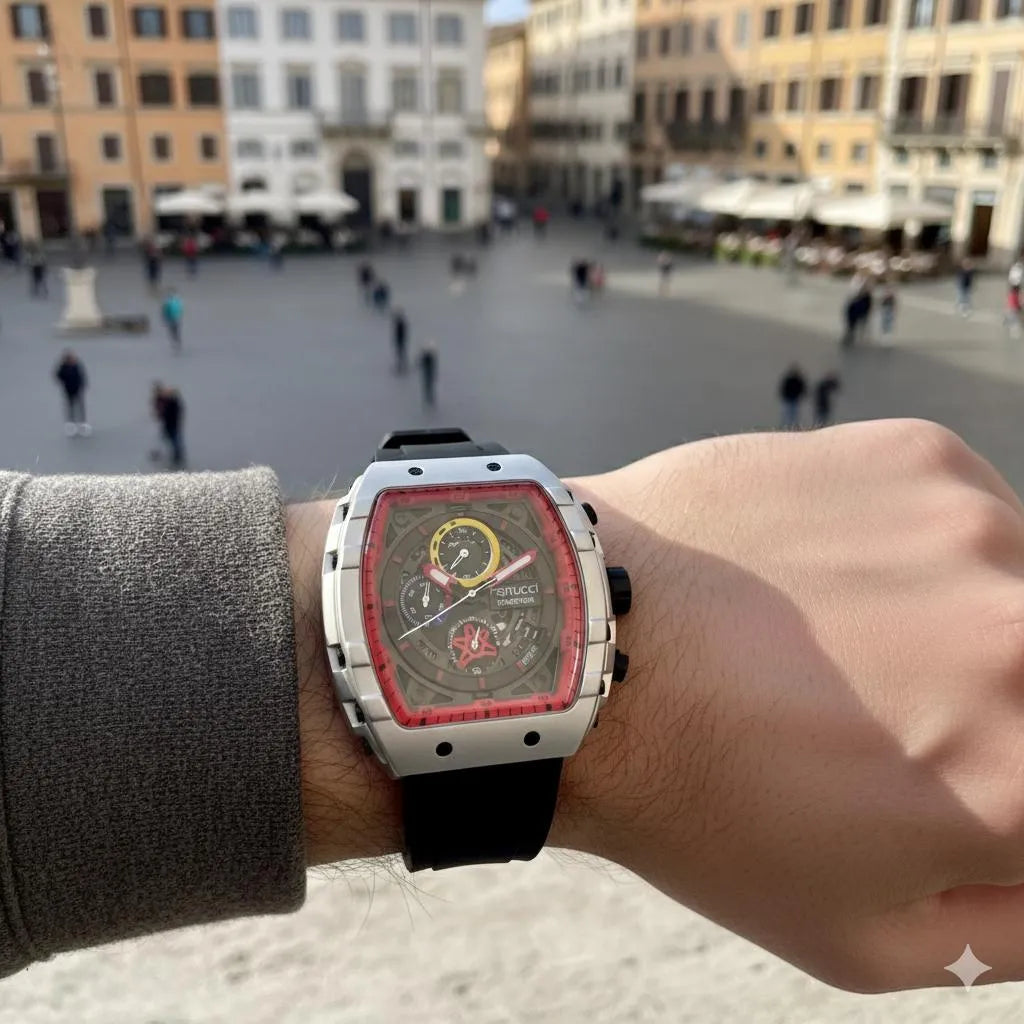 Ferrucci Function Chronograph Men's Watch - Bold Red & Yellow Bezel - Black Silicone Strap