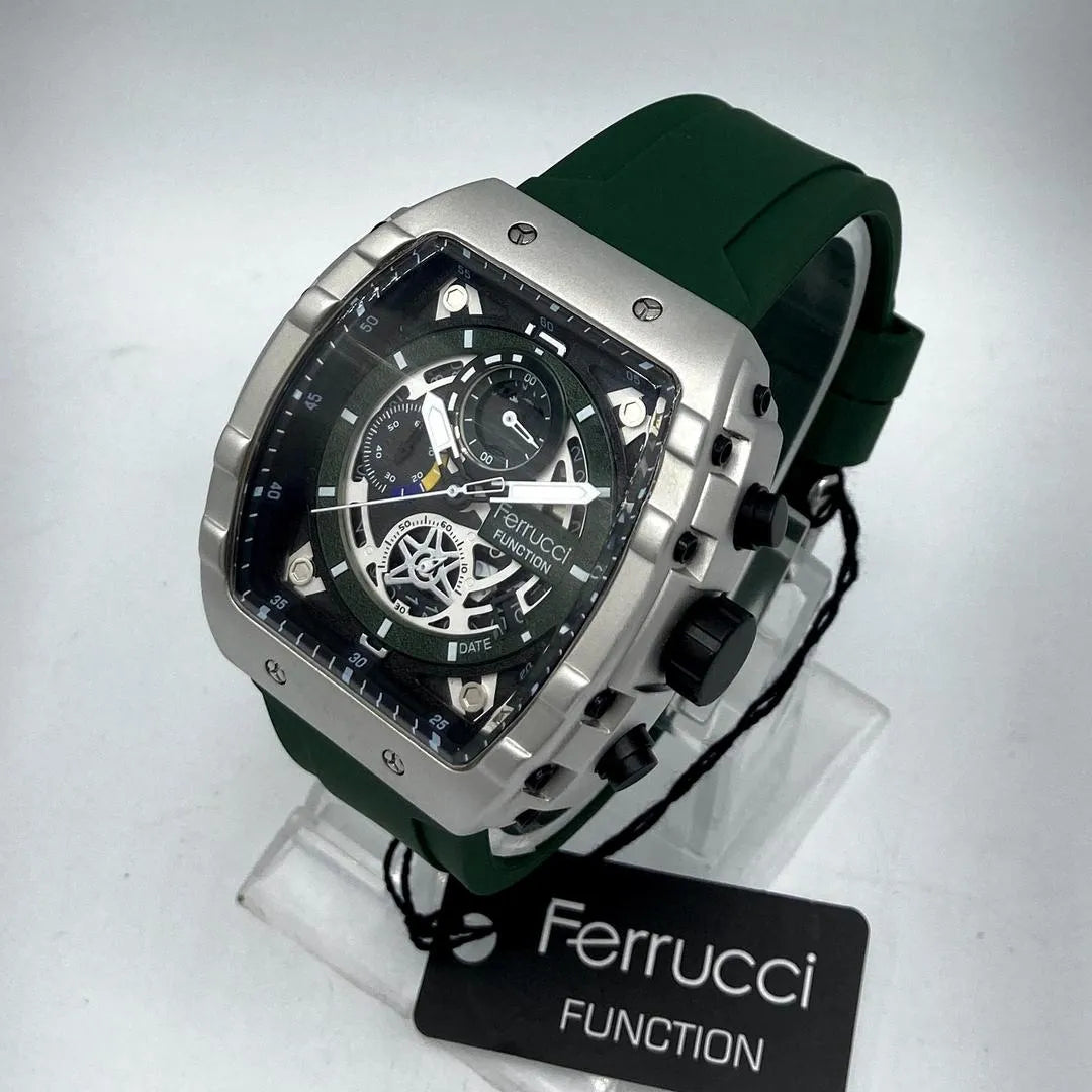 Ferrucci FUNCTION Men's Silver-Tone Quartz Watch with Exposed Gearwork and Green Silicone Strap