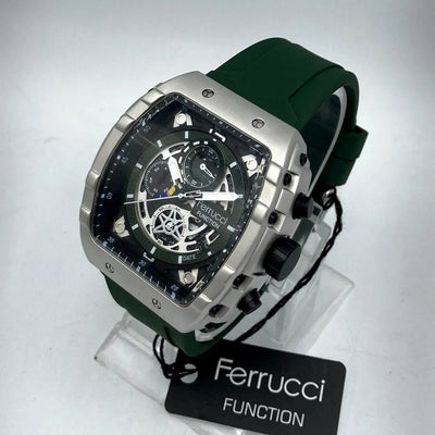 Ferrucci FUNCTION Men's Silver-Tone Quartz Watch with Exposed Gearwork and Green Silicone Strap