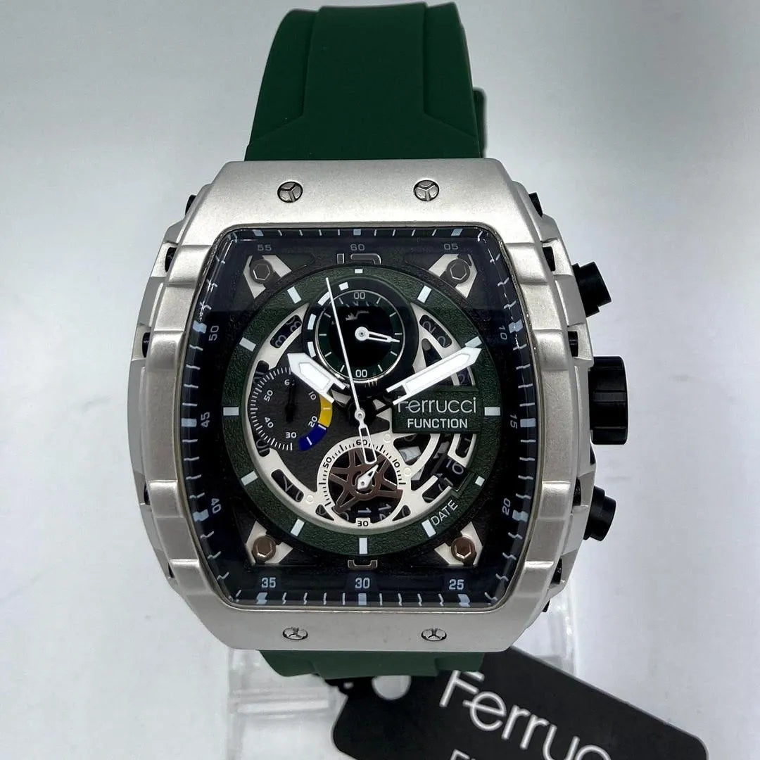 Ferrucci FUNCTION Men's Silver-Tone Quartz Watch with Exposed Gearwork and Green Silicone Strap