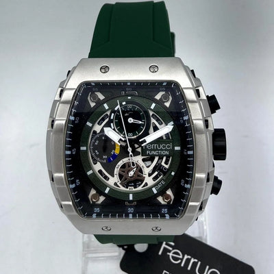 Ferrucci FUNCTION Men's Silver-Tone Quartz Watch with Exposed Gearwork and Green Silicone Strap