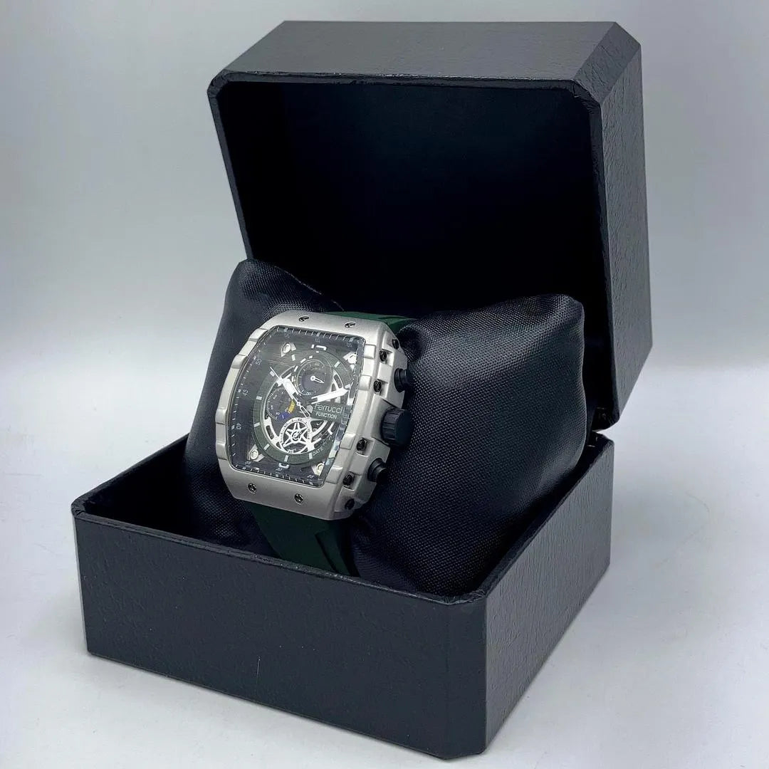 Ferrucci FUNCTION Men's Silver-Tone Quartz Watch with Exposed Gearwork and Green Silicone Strap