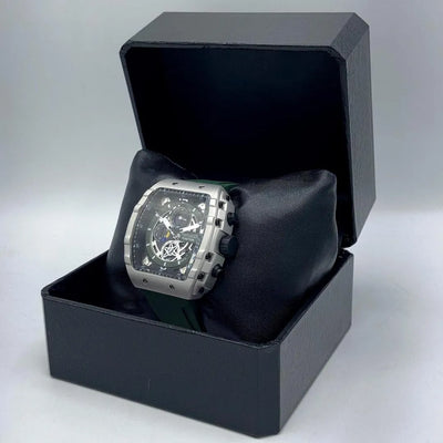 Ferrucci FUNCTION Men's Silver-Tone Quartz Watch with Exposed Gearwork and Green Silicone Strap