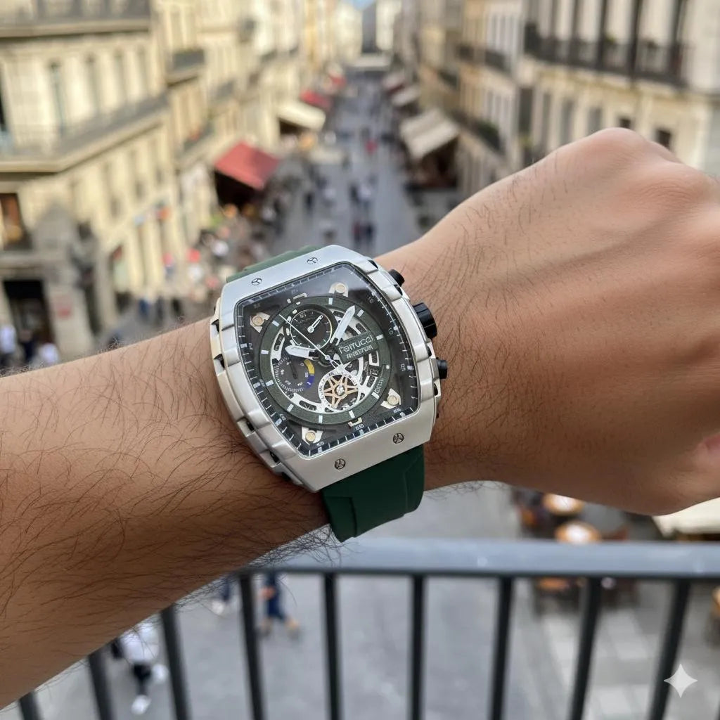 Ferrucci FUNCTION Men's Silver-Tone Quartz Watch with Exposed Gearwork and Green Silicone Strap