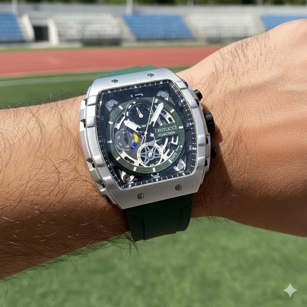 Ferrucci FUNCTION Men's Silver-Tone Quartz Watch with Exposed Gearwork and Green Silicone Strap