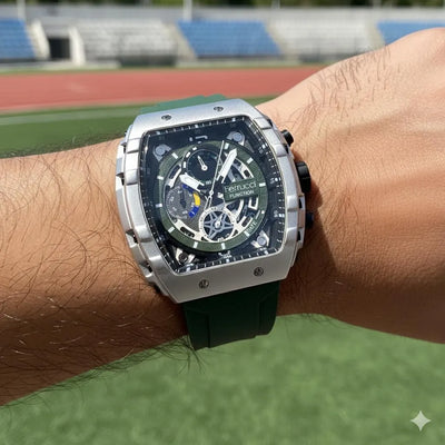 Ferrucci FUNCTION Men's Silver-Tone Quartz Watch with Exposed Gearwork and Green Silicone Strap