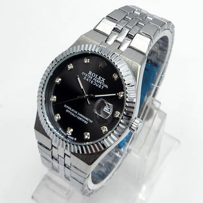 Rolex Stainless Steel Date Watch with Fluted Bezel & Black Stone-Set Face