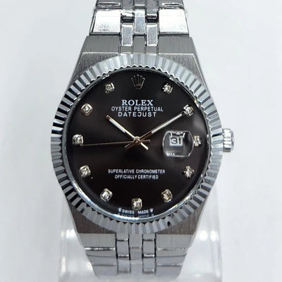 Rolex Stainless Steel Date Watch with Fluted Bezel & Black Stone-Set Face