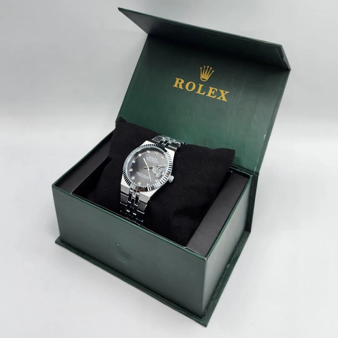Rolex Stainless Steel Date Watch with Fluted Bezel & Black Stone-Set Face
