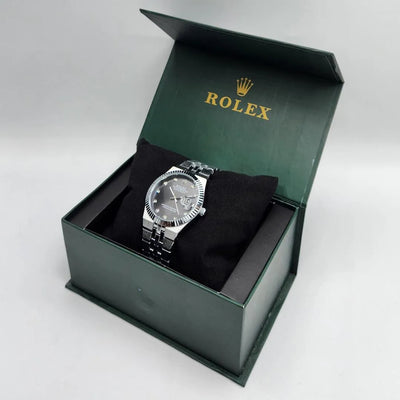 Rolex Stainless Steel Date Watch with Fluted Bezel & Black Stone-Set Face
